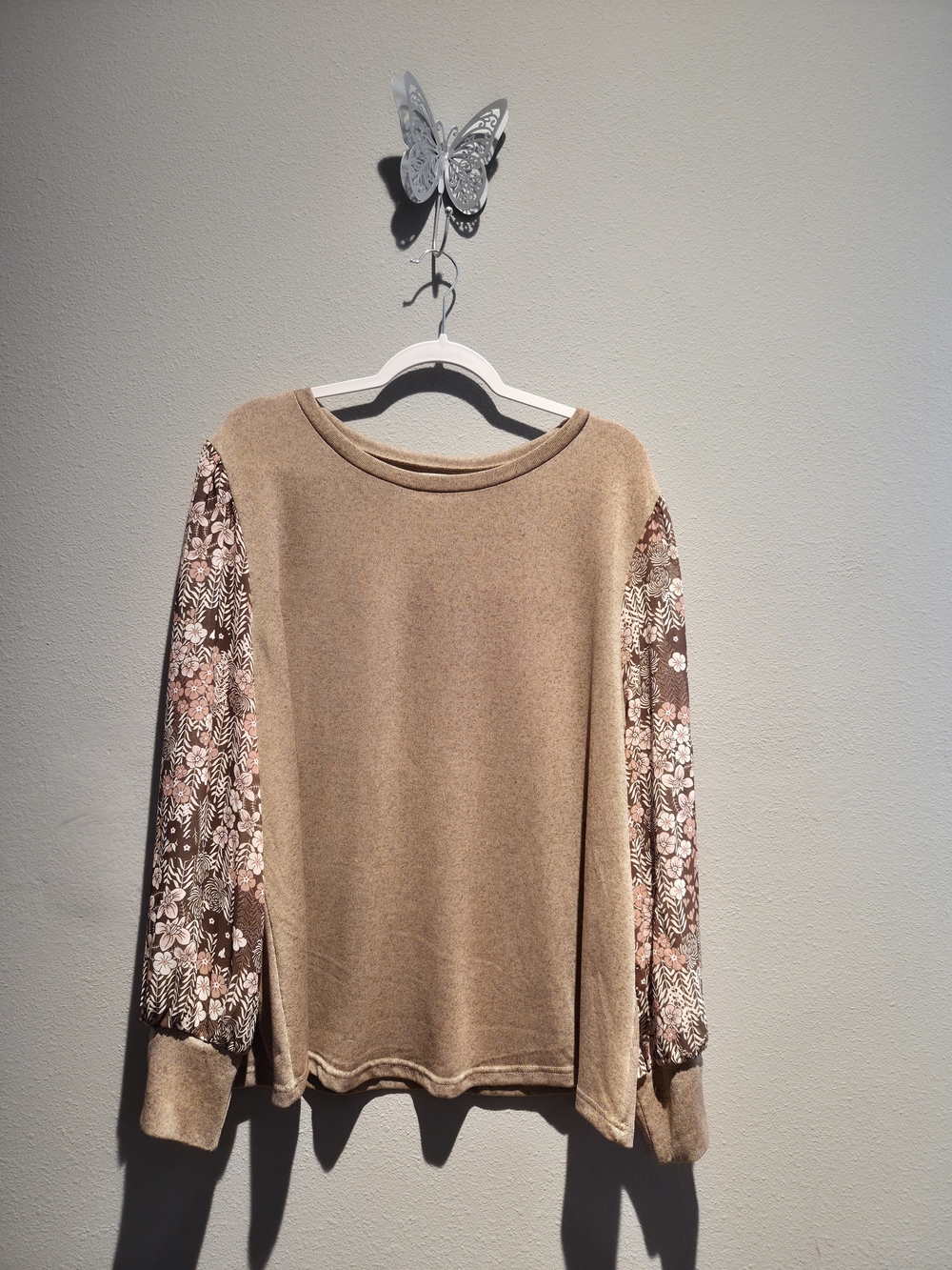 Beige Pullover with Floral Lace Sleeves